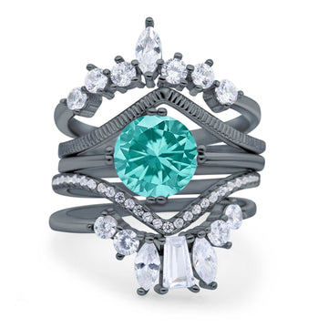 Trio Set Wedding Ring Three Piece Bridal Round Black Tone, Simulated Paraiba Tourmaline CZ 925 Sterling Silver